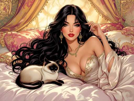 The image depicts a woman with long dark hair wearing a white dress and gold earrings lying on a bed next to her cat. The background features a pink curtain and a gold-colored wall.