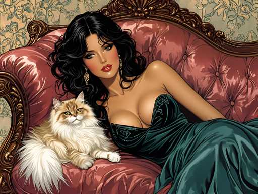 A woman with long dark hair is sitting on a red velvet couch wearing a green dress and gold earrings. A white cat is lying next to her on the couch.