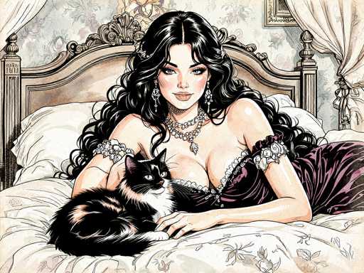 The image is a detailed, cartoon-style drawing of a woman with long, wavy black hair, sitting on a bed. She is wearing a purple dress with white frills around the shoulders and chest, and she has a necklace with a large pendant. The woman is looking directly at the viewer with a serious expression. In front of her, there is a black and white cat with a white chest and paws, sitting on the bed. The bed has a brown headboard with floral designs and is covered with a white blanket featuring a floral pattern. Behind the bed, the wall is adorned with floral wallpaper, and there are white curtains tied back on either side. A partially visible picture frame hangs on the wall. The overall scene is set in a cozy, well-decorated bedroom.