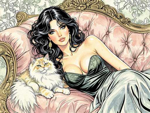 This detailed illustration depicts a woman reclining on a luxurious, pink velvet chaise lounge adorned with gold trim. The woman, who has long, wavy black hair cascading past her shoulders, is dressed in a low-cut, emerald green dress that reveals her cleavage. She accessorizes with gold earrings shaped like leaves. Her striking blue eyes and pink lips add to her captivating appearance. Beside her, on the left side of the chaise lounge, sits a fluffy orange and white cat with a bushy tail, gazing directly at the viewer. The background features a light green wallpaper with a delicate pattern of white vines and leaves, enhancing the overall elegance of the scene.
