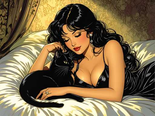 A woman with long dark hair is lying on a bed and holding a black cat. The background features a white curtain and a floral patterned wall.