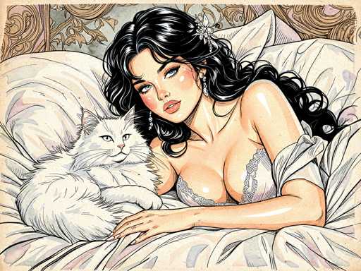 This detailed illustration depicts a woman with long, wavy black hair adorned with a white flower clip. She has striking blue eyes, pink lips, and is wearing a grayish-blue lacy nightgown with a low neckline. Her right arm is draped over a large, fluffy white cat, which is looking directly at the viewer. The woman is lying on a bed covered with a white and grayish-blue comforter, with her head resting on a white pillow. The background features a wall with a light greenish-blue hue, decorated with intricate gold and pink floral patterns. The overall composition is framed by a light brown border, enhancing the vintage aesthetic of the artwork.