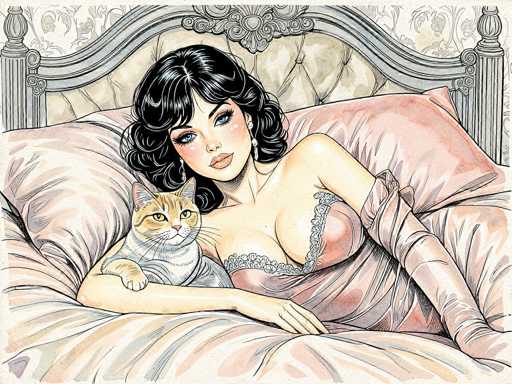 This detailed illustration depicts a woman with black, curly hair and blue eyes, reclining on a bed. She is wearing a pink negligee adorned with lace trim and long gloves that extend to her elbows. Her makeup includes pink lipstick, and she accessorizes with a pair of earrings. The woman is positioned on her side, facing the viewer, with her left arm resting on the bed and her right arm draped over a cat. The cat, which has a white and orange coat, is looking directly at the viewer with its paws resting on the woman's arm. The bed features a gray headboard with a cushioned section in a pinkish hue, complemented by pink and white pillows. The background showcases wallpaper with a floral pattern in shades of gray and white. The overall color palette of the illustration includes pinks, grays, and whites, creating a soft and elegant atmosphere.
