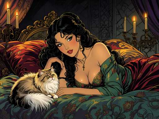 A woman with long dark hair is lying on a bed next to her cat. The cat has white fur and is resting its head on the woman's arm. The bed is covered with a green and red blanket that matches the color of the woman's dress. Two candles are lit in the background, casting a warm glow throughout the room.