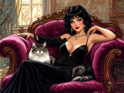 The image depicts a woman sitting on a pink velvet armchair with her legs crossed and wearing a black dress. A cat is lying next to her on the arm of the chair. The background features a window with curtains that allows natural light into the room.