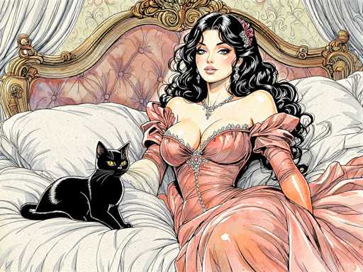 This detailed illustration depicts a woman with long, curly black hair adorned with a pink flower on the left side of her head. She is reclining on a bed with a luxurious, ornate headboard that features a gold frame and pink cushioning. The woman is dressed in a flowing, peach-colored gown with a deep neckline, embellished with jewels and diamonds. Her dress has puffy sleeves that extend to her elbows, and she wears matching diamond earrings and a necklace. Her lips are painted a soft pink, and she gazes directly at the viewer. Beside her, on the left side of the bed, sits a black cat with striking yellow eyes, looking towards the right. The bed is covered with white sheets, and the background features a light green wall with a floral pattern, along with white curtains on either side. The overall scene exudes an air of elegance and sophistication.