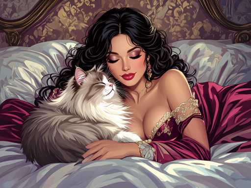 A woman with long dark hair is lying on a bed and holding a cat that has white fur and pink ears. The background features a floral patterned wallpaper.