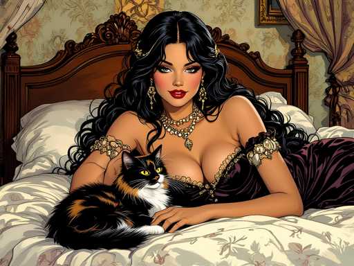 A woman with long dark hair and a necklace is lying on her stomach on a bed next to a cat.