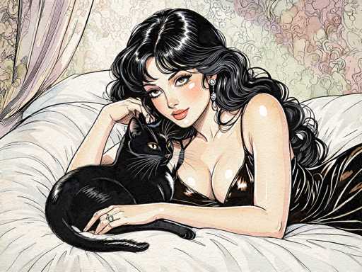 The image depicts a detailed, cartoon-style drawing of a woman with long, wavy black hair and bangs, lying on a large, puffy white bed. She is wearing a low-cut, black dress that appears to be made of leather, and she has a ring on her right hand. The woman is holding a black cat with yellow eyes in her lap, and she is gently stroking the cat's head with her left hand. She is adorned with long, dangly earrings that feature diamonds and pearls. The background showcases a floral-patterned wallpaper in shades of pink, purple, and green, along with a light purple curtain hanging on the left side. The overall scene is set in a cozy, intimate bedroom environment.