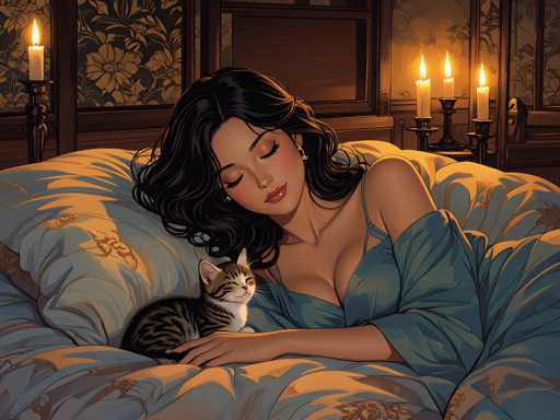 A woman is lying on her stomach with a cat curled up next to her on a bed. The room has a floral wallpaper and candles casting a warm glow throughout the space.