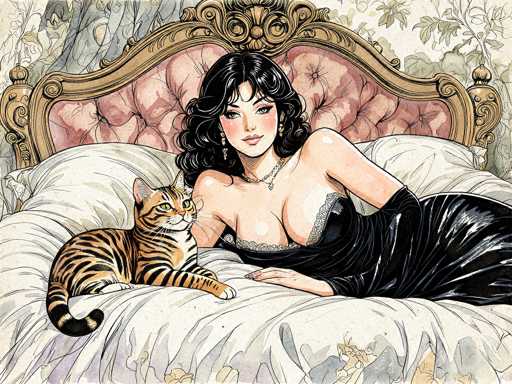 The image depicts a detailed, cartoon-like painting of a woman reclining on a bed, accompanied by a tiger. The woman, who has long, curly black hair and is wearing a black dress with elbow-length gloves, is positioned on the right side of the bed. She is looking directly at the viewer with a subtle smile, her right hand resting on the bed. The bed features a pink headboard with a gold frame, and the bedding includes white pillows and a white comforter adorned with a floral pattern. To her left, a tiger with orange fur and black stripes is lying on the bed, gazing up at her. The background of the painting showcases a floral wallpaper, adding to the overall intricate and somewhat surreal composition.