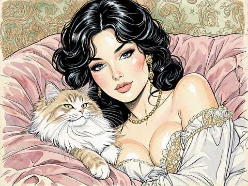 This detailed illustration depicts a woman with long, wavy black hair and blue eyes, reclining on a pink, fluffy pillow. She is adorned in a white nightgown with intricate gold trim and a low-cut neckline, complemented by a gold necklace and matching earrings. Her face is accentuated with pink blush and red lipstick, and she gazes directly at the viewer. Beside her, on the left side of the image, is a fluffy orange and white cat with striking yellow eyes, looking towards the woman. The background features a light green wallpaper with a gold floral pattern, adding to the overall luxurious and serene atmosphere of the scene.