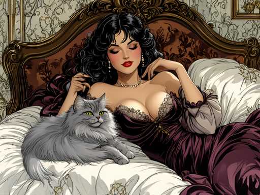 The image depicts a woman lying on a bed with her legs crossed and her arms resting on the pillows. She is wearing a purple dress that matches the color of the pillowcases. A gray cat is curled up next to her on the bed. The background features a floral patterned wallpaper, adding an elegant touch to the scene.