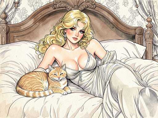 The image is a detailed, cartoon-style drawing of a woman with long, curly blonde hair, wearing a low-cut, white nightgown adorned with lace details. She is reclining on a bed with a brown headboard, surrounded by white pillows and a white comforter. The woman has blue eyes, red lipstick, and diamond earrings, and she is looking directly at the viewer. An orange cat with white stripes is curled up next to her on the bed. The background features white wallpaper with a floral pattern and white curtains with gray floral designs. The overall scene is set in a cozy bedroom, with the woman and cat as the central focus.