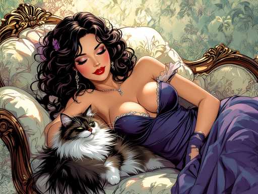 The image depicts a woman lying on a white couch with her legs crossed and her head resting on the armrests of the couch. A cat is curled up next to her on the couch's seat. The background features a floral patterned wall that complements the overall color scheme, which includes shades of blue, green, and gold.