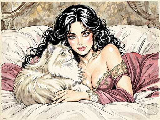 This detailed illustration depicts a woman with long, wavy black hair adorned with white highlights. She has striking green eyes, pink lips, and a fair complexion. The woman is reclining on a bed with a white comforter, wearing a low-cut pink nightgown that features lace detailing on the sleeves and chest. A matching pink blanket is draped over her. She accessorizes with a gold bracelet on her wrist and a gold chain around her neck. Her left arm is bent at the elbow, with her hand resting gently on a large, fluffy white cat with yellow eyes, which is looking up at her. The background showcases a floral-patterned wallpaper in shades of brown and gray, and a wooden headboard with a curved design. The overall scene exudes a sense of tranquility and elegance.