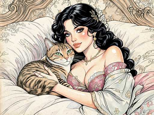 This detailed illustration depicts a woman with long, wavy black hair adorned with a gold flower clip. She has striking blue eyes, red lips, and a fair complexion. The woman is wearing a low-cut, pinkish-purple nightgown with a floral pattern, complemented by a white shawl with gold floral designs draped over her shoulders. She accessorizes with a gold necklace and matching earrings. 

The woman is lying on a bed with a white, flowery-patterned comforter and a headboard featuring intricate, swirling designs. She is holding a brown and black striped cat with a white chest and green eyes, which looks directly at the viewer. The cat is nestled close to her, adding a sense of warmth and intimacy to the scene. The overall composition of the image is square, capturing the serene and tender moment between the woman and her feline companion.