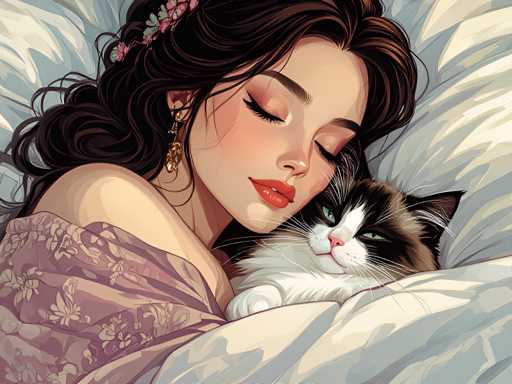 The image depicts a woman with long brown hair and gold earrings lying on her back on a bed, holding a black and white cat that is curled up next to her. The scene is set against a light blue background, creating a serene atmosphere.