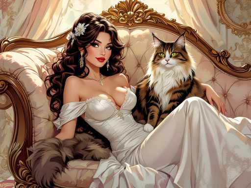 The image depicts a woman wearing a white dress and a fur coat sitting on a couch with her cat. The background features a window with curtains that allows natural light into the room.