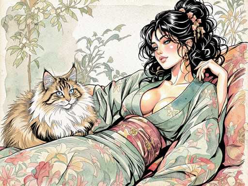 The image depicts a detailed, cartoon-style drawing of a woman with long, dark black hair adorned with pink flowers and gold tassels. She is reclining on a pink and orange floral-patterned couch, wearing a green kimono with a red sash tied around her waist. The kimono features a floral design with pink, yellow, and red flowers. The woman has blue eyes, pink lips, and is looking down towards the left. A fluffy cat with a white chest, white whiskers, and blue eyes is sitting on her lap, gazing up at her. The background includes green trees and plants, adding to the serene atmosphere of the scene.