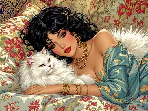 The image depicts a woman and her white cat lying on a floral-patterned couch. The woman is wearing a blue dress with gold accents, while the cat has a gold collar around its neck.
