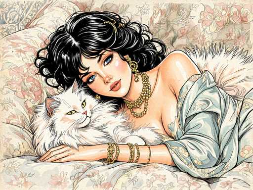 This detailed illustration depicts a woman reclining on a bed adorned with a floral-patterned comforter. The woman, who has long, wavy black hair and striking blue eyes, is wearing a light blue dress with a floral pattern and gold jewelry, including a necklace, bracelets, and earrings. She is positioned on her side, with her head resting on her hand, and her other arm draped over a fluffy white cat with yellow eyes and pink accents on its ears and face. The cat is gazing up at her, adding a tender touch to the scene. The background features a floral wallpaper, enhancing the cozy and intimate atmosphere of the image.