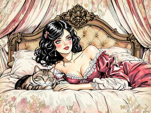 The image portrays a detailed, cartoon-style illustration of a woman with long, curly black hair adorned with a pink flower. She is reclining on a bed with a brown headboard that features a gold emblem at the top. The woman is dressed in a low-cut, pink nightgown with white frills and long sleeves, and she wears a necklace. Her green eyes and red lips stand out against her fair skin. She is propped up on her elbow, looking directly at the viewer. Beside her, on the left side of the bed, lies a brown and black striped cat with yellow eyes and white fur around its mouth. The bed is covered with a white blanket decorated with pink flowers and green leaves, and there are matching pillows. The background features pink and white curtains with floral patterns, adding to the cozy and intimate atmosphere of the scene.