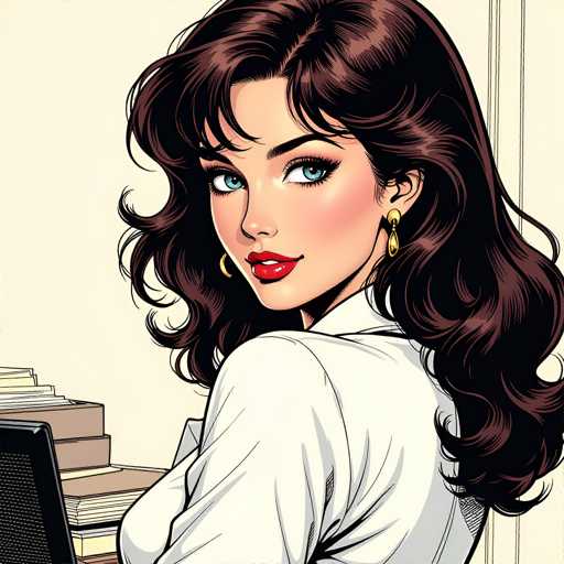 The image depicts a woman with long brown hair wearing a white blouse and gold earrings. She is looking directly at the camera with an expression of curiosity or interest. The background features a bookshelf filled with various books, suggesting that she may be in a library or a room dedicated to reading and learning.
