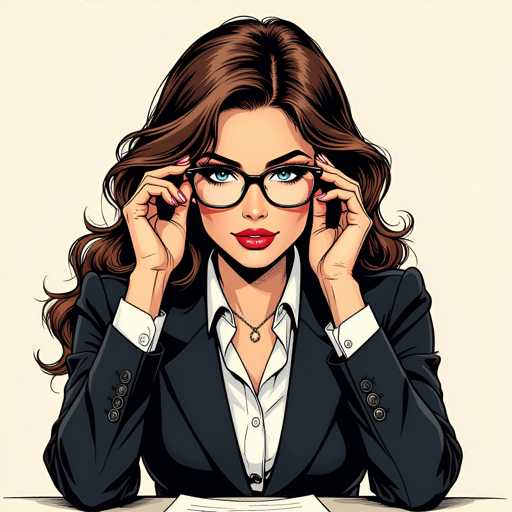 The image depicts a woman wearing glasses and a suit sitting at a desk with her hands resting on the table. The background is plain white, which contrasts with the colorful illustration of the woman's face and attire.