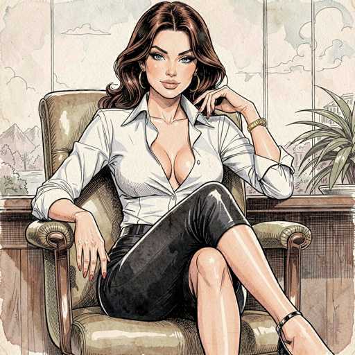 The image depicts a detailed cartoon drawing of a woman seated in a brown chair. She is wearing a white button-up shirt with the top two buttons undone, revealing a significant amount of cleavage. Her outfit is completed with black leather pants that end just above her knees, and she is wearing a black belt. The woman has long, wavy brown hair that cascades down to her shoulders, and she is adorned with gold hoop earrings. Her makeup includes blue eyes, long eyelashes, and pink lipstick. She is accessorized with a gold watch on her left wrist and a black bracelet on her right wrist. Her left hand is resting on her chin, while her right hand is placed on the armrest of the chair. The background features a window through which a cloudy sky and distant mountains are visible, along with a plant on the windowsill. The woman's expression is neutral, and she is looking directly at the viewer.