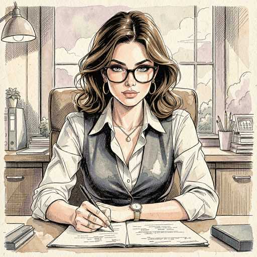 A detailed, hand-drawn illustration of a woman sitting at a desk in an office. She is wearing glasses, a white collared shirt, a dark gray vest, and a necklace with a pendant. She is holding a pen and writing in a notebook on the desk, which has several books and stationery items on it. The woman is looking directly at the viewer with a serious expression. The background shows a window with a view of a cloudy sky and some office supplies on the desk behind her. The overall style is detailed and slightly vintage, with a warm color palette.