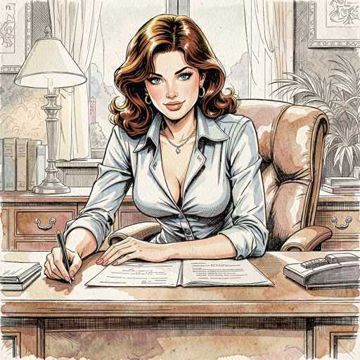 The image depicts a detailed cartoon drawing of a woman seated at a desk, facing the viewer. She has long, wavy brown hair that cascades down to her shoulders, and she is adorned with gold hoop earrings and a silver necklace. Her attire consists of a light blue, long-sleeved button-up shirt, with the top two buttons undone, revealing a hint of cleavage. The woman is holding a black pen in her right hand, poised over a piece of paper that lies on the desk. The desk itself is brown and features a stack of papers on the left side, a black phone on the right, and a small stack of books in the back right corner. Behind her, there is a brown leather chair, and to her left, a brown desk lamp stands on a matching brown desk. The background includes a window with white curtains, a white wall, and a picture frame hanging on the wall. The overall scene is rendered in a cartoon style, with the woman being the only colored figure in the image.