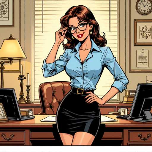 A woman with brown hair and glasses is standing at a desk in an office setting. She is wearing a blue blouse and black skirt. The desk has two computer monitors on it, one of which is turned off. There are also several books scattered around the desk.
