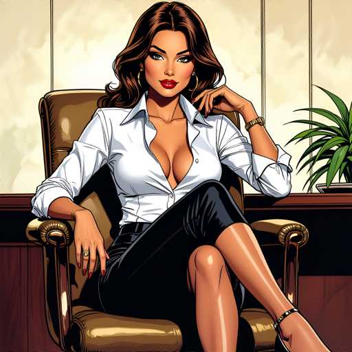 A woman is seated on an office chair with a gold frame and brown leather upholstery. She is wearing a white blouse and black skirt. The background features a beige wall with a plant in the corner.