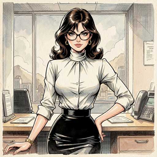 This detailed cartoon drawing depicts a woman seated at a desk in an office setting. She is wearing a white button-up shirt with the sleeves rolled up to her elbows, paired with a black leather skirt and a black belt. Her long, wavy brown hair cascades down to her shoulders, and she sports black-rimmed glasses. A gold watch adorns her wrist, and she has gold hoop earrings. The woman's left hand rests on her hip, while her right hand is placed on the desk. 

The desk itself is brown and features a drawer with a silver handle. On the desk, there is a black telephone with a green screen and red and black buttons. A piece of paper is also visible on the desk. Behind her, a large window reveals a cityscape with tall buildings and mountains in the background. The sky is a mix of blue and white, with clouds scattered throughout. The window frame is white, and the wall behind it is a light brown color. Additionally, a piece of paper is taped to the wall. The woman is looking directly at the viewer, creating a sense of engagement.