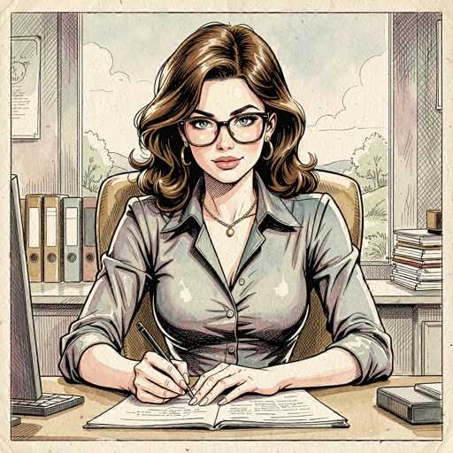 The image depicts a detailed cartoon drawing of a woman seated at a desk, engaged in writing. She has long, wavy brown hair that cascades down to her shoulders, and she is wearing black glasses. Her attire consists of a gray button-up shirt with the sleeves rolled up to her elbows, and she accessorizes with a gold necklace featuring a small pendant. The woman is seated in a brown chair, and her desk is cluttered with various items. In front of her lies an open book, and she holds a black pen in her right hand, poised to write. To her left, there is a computer monitor and keyboard, while to her right, a stack of books is visible. The background reveals a window through which a cloudy sky and some trees can be seen, adding a touch of nature to the indoor setting.