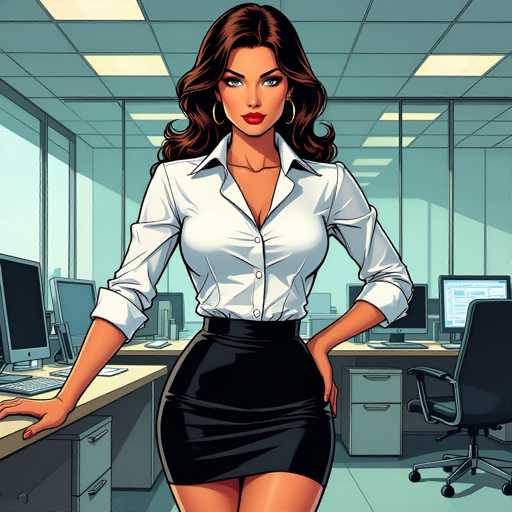 The image depicts a woman standing confidently at her desk in an office setting. She is wearing a white blouse and black skirt, with red lipstick adding a pop of color to her appearance. The background features multiple computer monitors arranged on desks, suggesting that she works in a technology-related field or role within the company.