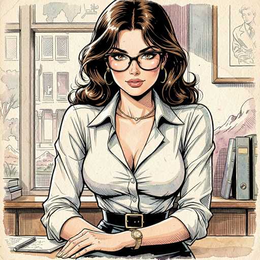 This detailed illustration depicts a woman seated at a desk, gazing directly at the viewer. She has long, wavy brown hair cascading past her shoulders and is adorned with black-rimmed glasses. Her attire consists of a white button-up shirt, which is unbuttoned at the top, revealing a hint of cleavage. She accessorizes with a delicate gold necklace, hoop earrings, and a black belt with a gold buckle. A gold watch adorns her left wrist, and her hands are positioned in front of her on the desk. The desk itself is brown and features a notepad with a pen to her left. Behind her, a window offers a view of a building with numerous windows, and a shelf filled with books is visible to the right. The background includes a mountainous landscape, adding depth to the scene.