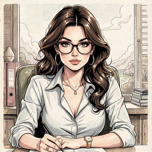 The image depicts a detailed cartoon drawing of a woman seated at a desk, facing the viewer. She has long, wavy brown hair that cascades down to her chest, and she is wearing black-rimmed glasses. Her attire consists of a white button-up shirt with the sleeves rolled up to her elbows, and she accessorizes with a gold necklace featuring a small pendant, gold hoop earrings, and a gold watch on her left wrist. A gold ring adorns her right ring finger. The woman is holding a pen in her right hand, which rests on a piece of paper on the desk. She is seated in a gray chair, and behind her, there is a window with open blinds, revealing a scenic view of a lake, trees, and a cloudy sky. To her left, a red binder with a white label and a lamp are visible, while to her right, a stack of books can be seen. The overall setting suggests a cozy, well-lit office or workspace.