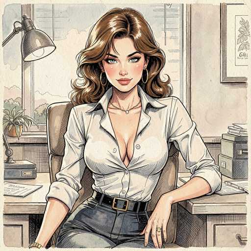 The image depicts a detailed cartoon drawing of a woman seated at a desk in an office setting. She is wearing a white button-down shirt with the top two buttons undone, revealing a significant amount of cleavage. Her outfit is completed with blue jeans and a black belt featuring a gold buckle. The woman has long, wavy brown hair cascading down to her shoulders, adorned with gold hoop earrings and a gold necklace with a small pendant. Her makeup includes pink lipstick and blush on her cheeks, and she has blue eyes. She is seated in a brown office chair, with her left arm resting on the desk and her right arm hanging down. The desk is cluttered with various items, including a stack of books, papers, and a lamp. Behind her, a window reveals a view of trees and a blue sky with clouds. The wall to her right features a framed picture with a leaf design. The overall scene is rendered in a cartoon style, with the woman being the central focus of the image.