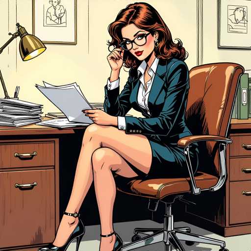 A woman is sitting at her desk in an office setting. She is wearing a black suit and glasses, with brown hair pulled back into a bun. The woman has a book open on the desk in front of her, suggesting she may be reading or studying. A lamp is also present on the desk, providing light for the workspace.