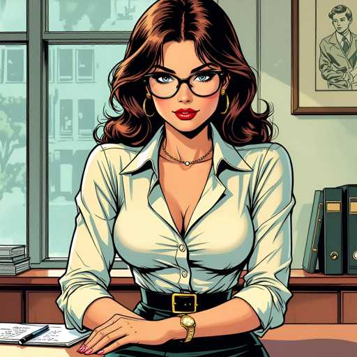 The image depicts a woman with brown hair and glasses seated at a desk in an office setting. She is wearing a white blouse and black pants, and has a gold chain necklace around her neck. The woman's hands are crossed over each other on the desk, suggesting she may be deep in thought or focused on her work.