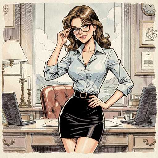 This detailed cartoon illustration depicts a woman standing confidently in an office setting. She has long, wavy brown hair cascading down to her shoulders and is wearing black-rimmed glasses. Her attire consists of a light blue, long-sleeved button-down shirt with the sleeves rolled up to her elbows, a black leather belt with a gold buckle, and a short black leather skirt. She accessorizes with dangling earrings and has red fingernails. The woman is smiling warmly, with her left hand resting on her hip and her right hand touching the brim of her glasses.

The office environment around her is meticulously detailed. Behind her is a large window through which a serene landscape of blue sky, white clouds, and distant mountains is visible. Inside the office, there is a brown leather chair, a desk with two computer monitors, a white coffee mug, and a lamp. The walls are adorned with framed pictures and a clock, adding to the professional ambiance. The overall scene is vibrant and well-lit, highlighting the woman's poised and professional demeanor.