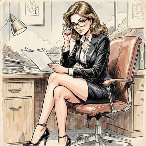 The image is a detailed cartoon drawing of a woman seated at a desk in an office setting. She is wearing a black leather jacket, a white button-down shirt, and a short black leather skirt. Her black high heels feature ankle straps, and she has black nail polish on her fingernails. The woman has long, curly blonde hair and is wearing black-rimmed glasses, which she is adjusting with her right hand. Her left hand holds a piece of paper, and her legs are crossed as she sits in a brown leather office chair with a silver base. The desk in front of her is cluttered with papers, and there is a stack of books on the right side. A silver lamp with a dome-shaped shade is positioned on the left side of the desk. The background reveals a window with a view of a body of water and mountains, and the wall is adorned with two framed pictures. The overall scene is set against a backdrop of a blue sky with clouds.