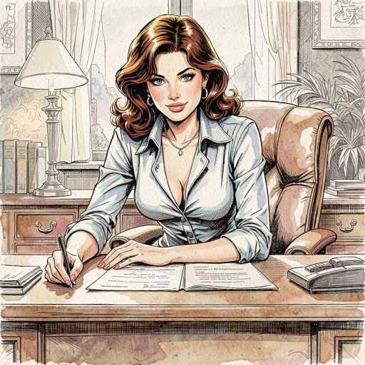 A stylish, detailed illustration of a woman working at a desk. She's sitting in an ornate, brown leather office chair, wearing a light blue button-down shirt with a low neckline and a delicate necklace. Her shoulder-length, wavy brown hair is styled with soft curls, and she's wearing elegant gold hoop earrings. She's holding a pen in her right hand, poised to write on an open document on the desk. Her expression is focused and confident, with a subtle smile playing on her lips. The desk is a rich brown wood, adorned with various office supplies like stacks of papers and a lamp. The background features a window with sheer curtains, suggesting a bright, professional setting. The overall style is detailed and slightly vintage, reminiscent of a classic illustration or comic book.