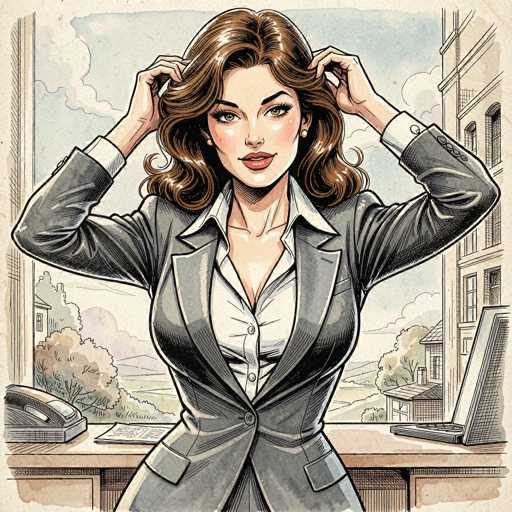 The image depicts a detailed cartoon drawing of a woman with long, wavy brown hair, styled in a 1950s fashion. She is wearing a gray business suit with a white button-down shirt, and her hands are raised to her hair, as if she is either adjusting it or preparing to pin it back. Her makeup includes red lipstick, and she has a slight smile on her face. The woman is seated at a desk in an office setting, with a computer monitor to her right and a phone to her left. Behind her, a window reveals a cityscape with buildings, trees, and a blue sky dotted with clouds. The scene outside the window includes a mix of urban and natural elements, with a grassy area and a house visible in the distance. The overall style of the drawing is reminiscent of a comic book, with a focus on the woman's poised and professional appearance.