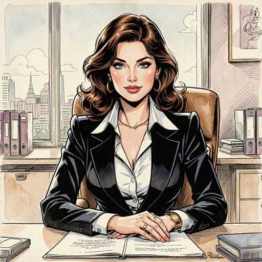 The image depicts a detailed cartoon drawing of a woman seated at a desk in an office setting. She has long, wavy brown hair and striking blue eyes, complemented by red lips. Her attire consists of a black blazer over a white button-down shirt, with the top two buttons undone, revealing a gold chain necklace. She accessorizes with large gold hoop earrings, a gold watch on her left wrist, and a gold ring on her right hand. The woman is seated in a brown chair, with her hands resting on a desk that holds an open book in front of her. Behind her, a window reveals a cityscape with tall buildings and a blue sky dotted with clouds. The desk is flanked by two file cabinets, and on either side of the window are stacks of purple binders and additional books. The overall scene exudes a professional yet stylish atmosphere.