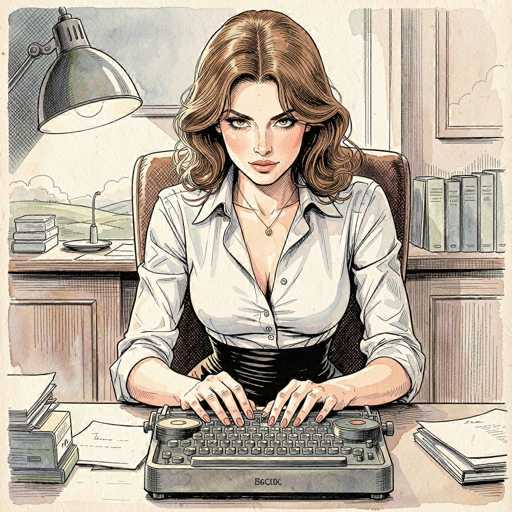 The image depicts a detailed cartoon drawing of a woman seated at a desk, typing on an old-fashioned typewriter. The woman has long, wavy brown hair that cascades down to her shoulders, and she is wearing a white, long-sleeved button-up shirt with the sleeves rolled up to her elbows. The shirt is unbuttoned at the top, revealing a black belt cinched around her waist. She is seated in a brown chair, and her hands rest on the typewriter, which features a round tape holder on the left side. The desk is cluttered with stacks of papers on both sides of the typewriter. Behind her, there is a brown desk with a stack of books on the right side and a lamp on the left. A window in the background reveals a scenic view of rolling hills, clouds, and a blue sky. The woman has striking green eyes and is looking directly at the viewer.