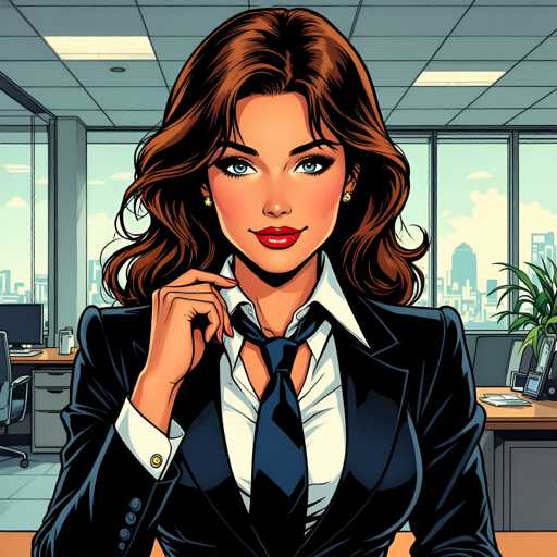 The image depicts a woman wearing a black suit and tie with her hair styled in loose waves. She is standing in an office setting, which includes a desk and chair visible behind her. The background features a window that offers a view of the city skyline.