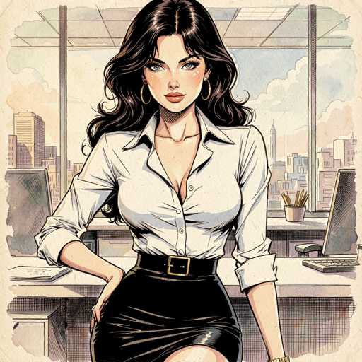 The image depicts a detailed cartoon drawing of a woman seated at a desk in an office setting. She has long, wavy black hair that cascades down to her chest, and she is adorned with gold hoop earrings. Her striking blue eyes are accentuated by long eyelashes, and she wears red lipstick. The woman is dressed in a white button-down shirt with the top two buttons undone, revealing a hint of cleavage. Her sleeves are rolled up to her elbows, and she pairs the shirt with a black leather skirt that sits high on her hips, secured with a black belt featuring a gold buckle. Her left arm rests on the desk, while her right hand is placed on her hip. The desk is cluttered with various items, including a computer monitor, a keyboard, a pencil holder, and a stack of papers. Behind her, a large window offers a view of a cityscape with tall buildings and a blue sky dotted with clouds. The overall scene is rendered in a cartoon style, with a color palette that includes black, white, gray, blue, green, yellow, orange, and red.